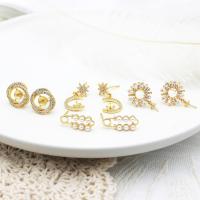 Brass Earring Stud Component, real gold plated, different styles for choice & micro pave cubic zirconia & for woman & with plastic pearl, gold, Sold By Pair