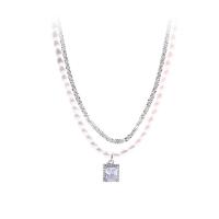Multi Layer Necklace, Brass, with ABS Plastic Pearl, with 5.5cm extender chain, platinum plated, 2 pieces & fashion jewelry & for woman & with cubic zirconia, two different colored, Length:44 cm, Sold By PC