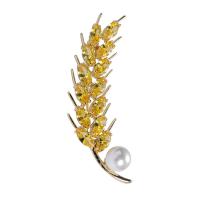 Zirkonia Brosche, Zinklegierung, mit kubischer Zirkonia & Kunststoff Perlen, Weizen, goldfarben plattiert, für Frau, goldgelb, frei von Nickel, Blei & Kadmium, 16x56mm, verkauft von PC
