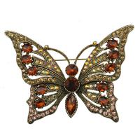 Rhinestone Brooch, Tibetan Style, Butterfly, antique gold color plated, Unisex & with rhinestone, mixed colors, nickel, lead & cadmium free, 98x73mm, Sold By PC