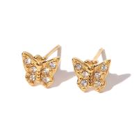 Stainless Steel Stud Earrings, 304 Stainless Steel, Butterfly, Vacuum Ion Plating, fashion jewelry & for woman & with rhinestone, golden, 7x8mm, Sold By Pair