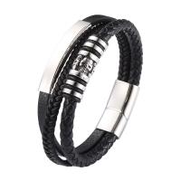 Bracelets cordon PU, cuir PU, avec Acier inoxydable 316, bijoux de mode & multicouche & longueur différente pour le choix & pour homme, noire, 12mm, Vendu par PC