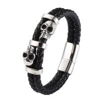 PU Leather Cord Bracelets, with 316 Stainless Steel, Skull, Double Layer & fashion jewelry & different length for choice & for man, more colors for choice, 12mm, Sold By PC