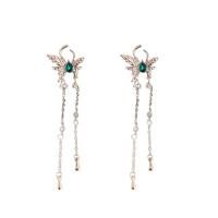Fashion Fringe Earrings, Tibetan Style, Butterfly, platinum color plated, fashion jewelry & for woman & with rhinestone, platinum color, nickel, lead & cadmium free, 21x117mm, Sold By Pair