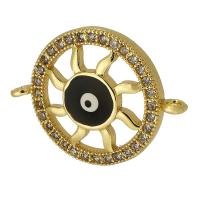 Evil Eye Connector Brass Flat Round real gold plated micro pave cubic zirconia & enamel & hollow black Approx 1mm Sold By PC