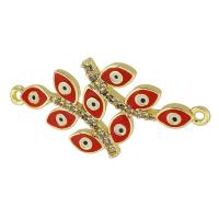 Evil Eye Connector, Brass, Branch, real gold plated, micro pave cubic zirconia & enamel, red, 32x16x3mm, Hole:Approx 1mm, Sold By PC