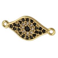 Evil Eye Connector, Brass, real gold plated, micro pave cubic zirconia, black, 23x10x2mm, Hole:Approx 1mm, Sold By PC