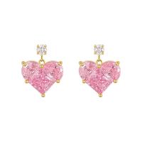 Cubic Zirconia Micro Pave Brass Earring, Heart, gold color plated, micro pave cubic zirconia & for woman, pink, 16x13mm, Sold By PC