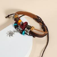 Cowhide Bracelet, with Wax Cord & Wood & Tibetan Style, Adjustable & fashion jewelry, Length:Approx 17-18 cm, Sold By PC