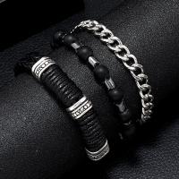 PU Leather Cord Bracelets, with Glass Beads & Hematite & Tibetan Style, three pieces & fashion jewelry & for man, black, 5-6cm, Sold By Set