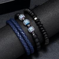 PU Leather Cord Bracelets, with Glass Beads & Hematite & Tibetan Style, three pieces & fashion jewelry & for man, dark blue, 5-6cm, Sold By Set