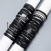 PU Leather Cord Bracelets, with Wax Cord & Tibetan Style, 30 pcs & fashion jewelry & for man, black, Length:Approx 17-18 cm, Sold By Set