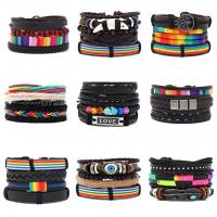 Leather Cord Bracelet, with Wax Cord & Wood & Tibetan Style, nine pieces & fashion jewelry & Unisex, mixed colors, Length:Approx 17-18 cm, Sold By Set