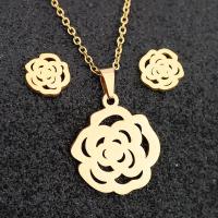 Fashion Stainless Steel Jewelry Sets Stud Earring & necklace 304 Stainless Steel Rose Vacuum Plating 2 pieces & fashion jewelry & for woman golden 20mm 10mm Length Approx 17.72 Inch Sold By Set