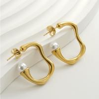 Titanium Steel  Earring, with Plastic Pearl, 18K gold plated, fashion jewelry & for woman, golden, 26mm, Sold By Pair