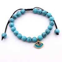 Evil Eye Jewelry Bracelet, Polyester Cord, with turquoise & Tibetan Style, gold color plated, Bohemian style & adjustable & for woman & enamel & with rhinestone, blue, 8mm,15mm, Length:16-28 cm, Sold By PC