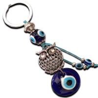 Bag Purse Charms Keyrings Keychains, Tibetan Style, with Lampwork, Owl, antique silver color plated, evil eye pattern, blue, nickel, lead & cadmium free, Length:12.5 cm, Sold By PC