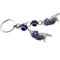 Bag Purse Charms Keyrings Keychains, Tibetan Style, with Lampwork, Owl, antique silver color plated, evil eye pattern & with rhinestone, blue, nickel, lead & cadmium free, 42mm,12mm, Length:12 cm, Sold By PC