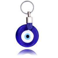 Schlüsselanhänger, Zinklegierung, mit Lampwork, flache Runde, silberfarben plattiert, böser Blick- Muster, blau, frei von Nickel, Blei & Kadmium, Länge 12 cm, verkauft von PC