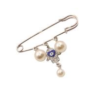 Zinc Alloy Brooches with Plastic Pearl Hand silver color plated evil eye pattern & for woman & enamel & with rhinestone nickel lead & cadmium free 75mm Sold By PC