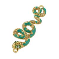 Cubic Zirconia Micro Pave Brass Connector, Snake, real gold plated, micro pave cubic zirconia & enamel, green, 43x4x5mm, Hole:Approx 2mm, Sold By PC