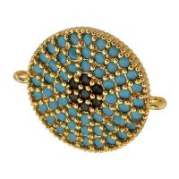Cubic Zirconia Micro Pave Brass Connector, Flat Round, real gold plated, micro pave cubic zirconia, blue, 18x15x2mm, Hole:Approx 0.5mm, Sold By PC
