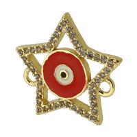 Evil Eye Connector, Brass, Star, real gold plated, micro pave cubic zirconia & enamel, red, 18x17x2mm, Hole:Approx 2mm, Sold By PC