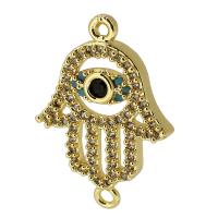 Evil Eye Connector, Brass, Hand, real gold plated, micro pave cubic zirconia, gold, 23x16x3mm, Hole:Approx 1.5mm, Sold By PC