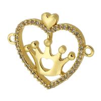 Cubic Zirconia Micro Pave Brass Connector, Heart, real gold plated, micro pave cubic zirconia, gold, 22.50x19x2.50mm, Hole:Approx 1mm, Sold By PC