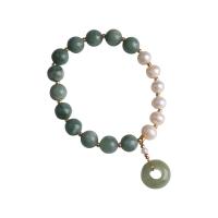 Sötvatten odlade Pearl Bracelet, Grön Calcedony, med Freshwater Pearl & Mässing, 14K guldfyllt, mode smycken & för kvinna, 10mm, Längd 17 cm, Säljs av PC