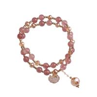 Quartz Bracelets, Strawberry Quartz, with Brass, 14K gold-filled, Double Layer & fashion jewelry & micro pave cubic zirconia & for woman, 6mm, Length:34.5 cm, Sold By PC