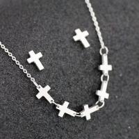 Fashion Stainless Steel Jewelry Sets, Stud Earring & sweater chain necklace, 304 Stainless Steel, with 1.97inch extender chain, Cross, 2 pieces & fashion jewelry & for woman, original color, 7*10mm, Length:Approx 17.72 Inch, Sold By Set