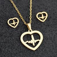 Fashion Stainless Steel Jewelry Sets Stud Earring & sweater chain necklace 304 Stainless Steel Heart Vacuum Plating 2 pieces & fashion jewelry & for woman golden 19*17mm 9*8mm Length Approx 17.72 Inch Sold By Set