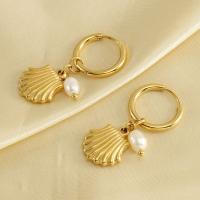 Titanium Steel  Earring with Freshwater Pearl Shell 18K gold plated fashion jewelry & for woman golden 35mm Sold By Pair