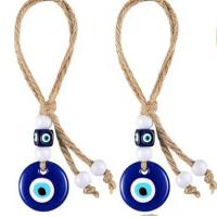 Ornements suspendus, Chanvre, avec chalumeau & perle de plastique, motif de mauvais œil, bleu, 35mm, Longueur 150 mm, Vendu par PC