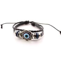 Evil Eye Jewelry Bracelet, PU Leather, with Tibetan Style, Flower, plated, fashion jewelry & folk style & Unisex & evil eye pattern & different styles for choice, more colors for choice, Sold By PC