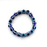 Bracelet Evil Eye bijoux, résine, avec fil élastique & alliage de zinc, Rond, Placage de couleur argentée, bijoux de mode & motif de mauvais œil, bleu, 8mm, Diamètre intérieur:Environ 41mm, Vendu par PC