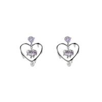 Tibetan Style Drop Earrings, with Plastic Pearl, Heart, silver color plated, fashion jewelry & for woman & with rhinestone, purple, nickel, lead & cadmium free, 31x23mm, Sold By Pair