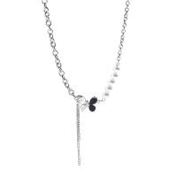 Titanium Steel Necklace with Plastic Pearl & Zinc Alloy with 6cm extender chain Butterfly silver color plated fashion jewelry & for woman & with rhinestone Length 46 cm Sold By PC