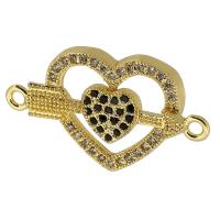 Cubic Zirconia Micro Pave Brass Connector, Heart, real gold plated, micro pave cubic zirconia, gold, 26x15x3mm, Hole:Approx 1mm, Sold By PC