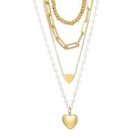 Multi Layer Necklace, 304 Stainless Steel, with Plastic Pearl, fashion jewelry & multilayer & for woman, golden, Length:Approx 23.62 Inch, Sold By PC