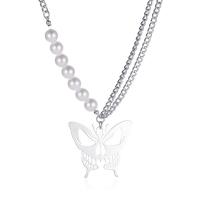 Plastic Pearl Necklace, Tibetan Style, with ABS Plastic Pearl, with 8cm extender chain, Butterfly, silver color plated, fashion jewelry & for woman, silver color, Length:42 cm, Sold By PC