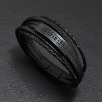 ПУ шнур браслеты, Искусственная кожа, с Нержавеющая сталь 304 & цинковый сплав, ювелирные изделия моды & Мужский, черный, длина:Приблизительно 21-22 см, продается PC