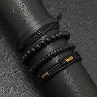PU Leather Cord Bracelets, with Wax Cord & Wood, 4 pieces & fashion jewelry & for man, Length:Approx 17-18 cm, Sold By Set