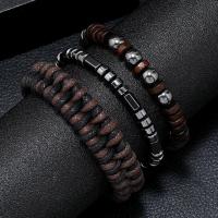 PU Leather Cord Bracelets with Glass Beads & Hematite & Zinc Alloy three pieces & fashion jewelry & for man coffee color 5-6cm Sold By Set