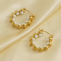 Titanium Steel  Earring, with Plastic Pearl, 18K gold plated, fashion jewelry & for woman, golden, 24x23mm, Sold By Pair