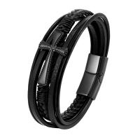 PU Leather Cord Bracelets with 316L Stainless Steel Cross Vacuum Ion Plating multilayer & for man Sold By PC