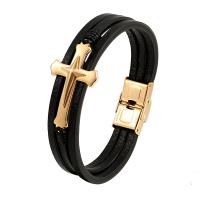PU Leather Cord Bracelets, with 316L Stainless Steel, Cross, Vacuum Ion Plating, different length for choice & for man, more colors for choice, 23x40mm, Sold By PC