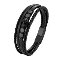 PU Leather Cord Bracelets with 316L Stainless Steel Skull Vacuum Ion Plating multilayer & for man Sold By PC