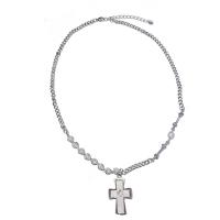 Titanium Steel Necklace with Plastic Pearl & Zinc Alloy with 6.5cm extender chain Cross silver color plated fashion jewelry & for woman silver color Length 48 cm Sold By PC